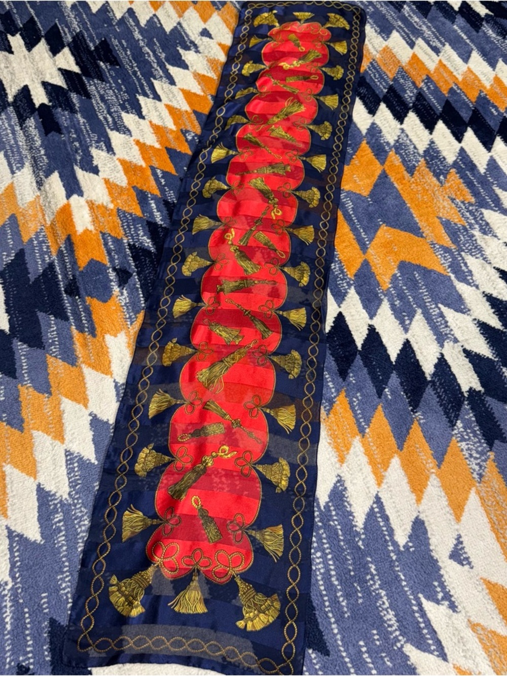 VTG Berkshire Scarf Blue Red Gold Ropes Tassles vintage